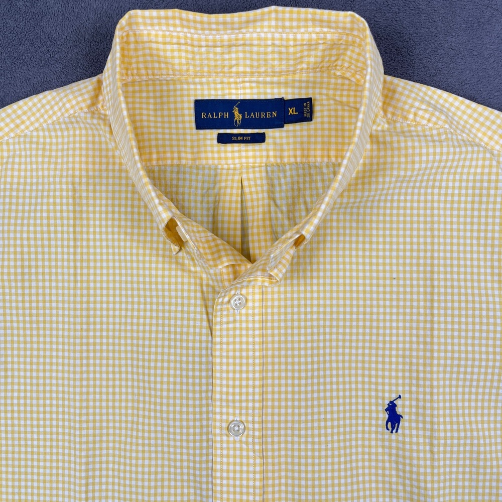 Ralph Lauren Shirt Mens XL Yellow Gingham Slim Fit Long Sleeve Pony Button Up